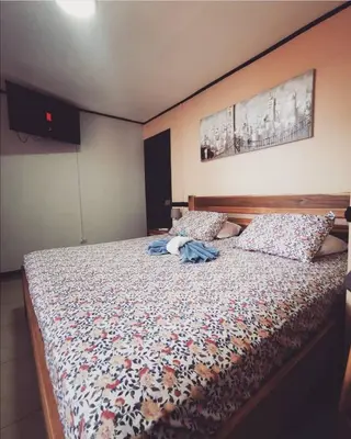 a bedroom with a large bed with at Toucan Hostel in Alajuela City