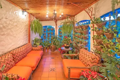 a room with orange couches and potted plants at Hotel Casa Roland San Jose in San José