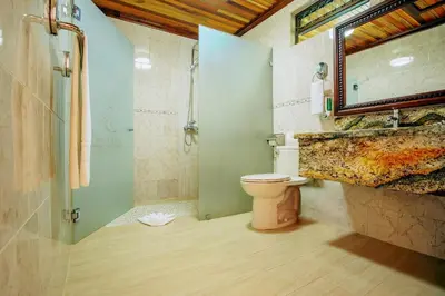 a bathroom with a toilet and a shower with a mirror at Hotel Los Lagos Spa & Resort in Fortuna