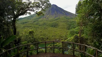 a mountain in the middle of a forest with a bridge at Hotel Los Lagos Spa & Resort in Fortuna