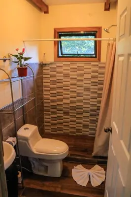 a small bathroom with a toilet and a window at Moon Forest Apartments in Monteverde Costa Rica