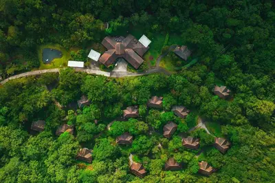 an overhead view of a park with trees and buildings at El Silencio Lodge & Spa Costa Rica in Toro Amarillo