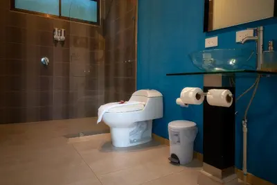 a bathroom with a toilet and a sink at Hotel Quelitales in Cachí