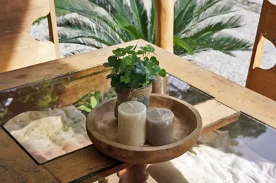 a bowl with two candles and a potted plant on a table at Casas Santa Teresa in Santa Teresa Beach