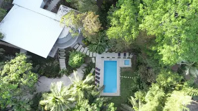an overhead view of a house with a pool in the forest at Hotel Nya in Montezuma