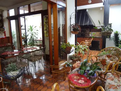 a room with tables and chairs and potted plants at Casa Mora B&B in Cartago