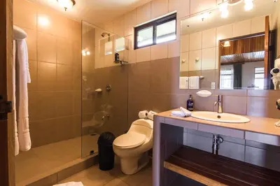 a bathroom with a toilet and a sink and a shower at Monteverde Country Lodge - Costa Rica in Monteverde Costa Rica