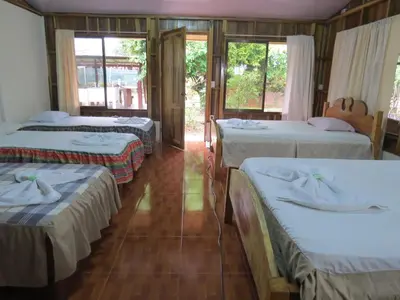 a room with three beds and a window at Poponjoche Lodge Caño Negro in Caño Negro