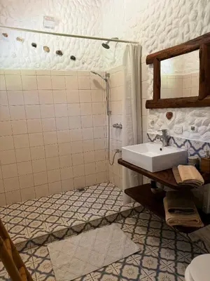 a bathroom with a sink and a shower at Hotel Entre Dos Aguas in Sámara