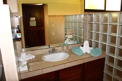 a bathroom counter with a sink and a mirror at La Foresta Nature Resort in Quepos
