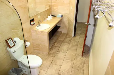 a bathroom with a toilet and a sink at La Foresta Nature Resort in Quepos