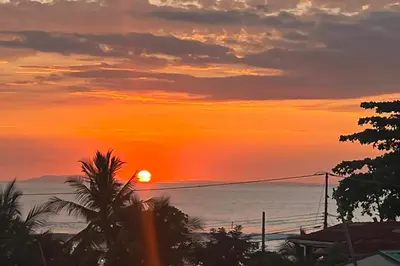 a sunset over the ocean with a palm tree at La Paloma Blanca B3 in Jacó