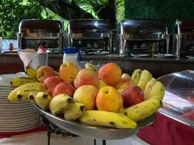 a bowl of fruit on a table with bananas and apples at Arenal Volcano Inn in Fortuna