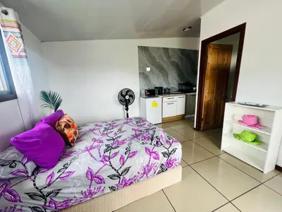a bedroom with a bed with a purple comforter at Nomada's Digital in Manuel Antonio