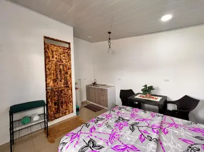 a bedroom with a bed and a desk and a door at Nomada's Digital in Manuel Antonio