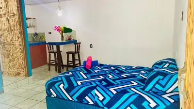 a bed with a blue and white comforter in a room at Nomada's Digital in Manuel Antonio