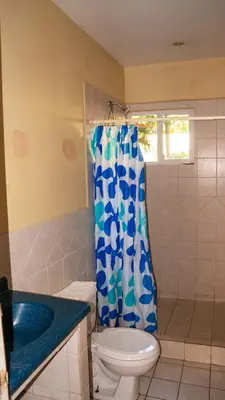 a bathroom with a toilet and a blue shower curtain at LC4 La Cometa Center of Tamarindo 1bed+1bath in Tamarindo