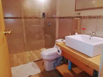 a bathroom with a toilet and a sink and a shower at Hotel Pibi Boreal in Alajuela City