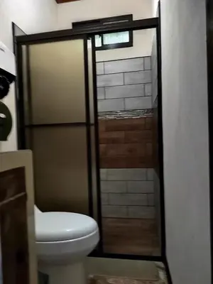 a bathroom with a toilet and a glass shower door at Salamandra Costa Rica in Jiménez