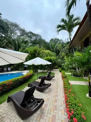 a row of lounge chairs with umbrellas next to a swimming pool at Hotel Belvedere Playa Samara Costa Rica in Sámara