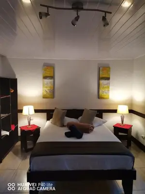 a bedroom with a large bed with two tables and two lamps at Hotel Belvedere Playa Samara Costa Rica in Sámara