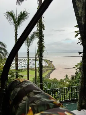 a view of the beach from a resort with palm trees at Casa Federico in Quepos