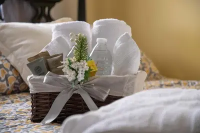 a basket of towels and a bottle of water on a bed at Alice y Juancito Boutique Hotel in Alajuela City