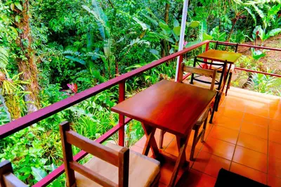 two tables and chairs on a balcony with trees at Agua Inn in Nuevo Arenal