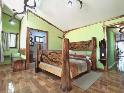 a bedroom with a large bed in a room with green walls at Canopy Wonders Vacation Home in Monteverde Costa Rica