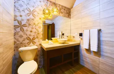 a bathroom with a toilet and a sink at Evergreen Lodge in Tortuguero