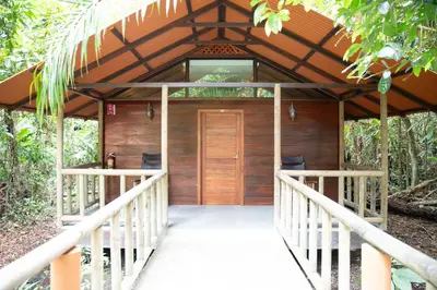a wooden entrance to a house with a wooden door at Pachira Lodge in Tortuguero
