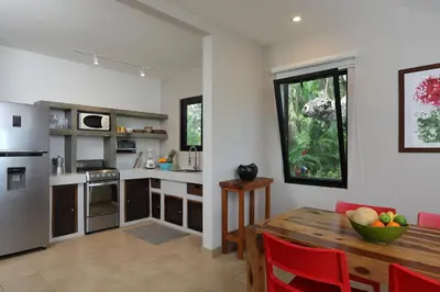 a kitchen and dining room with a wooden table at Casa Frangipani in Montezuma