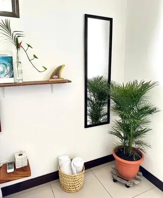 a bathroom with a mirror and a plant at El Chante Surf House in Santa Teresa Beach