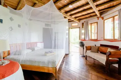 a bedroom with a bed with a mosquito net at Poolvilla in Platanillo