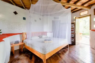 a bedroom with a bed with a mosquito net at Poolvilla in Platanillo