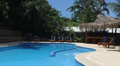 a swimming pool with chairs and a straw umbrella at Esencia Hotel and Villas in Santa Teresa Beach