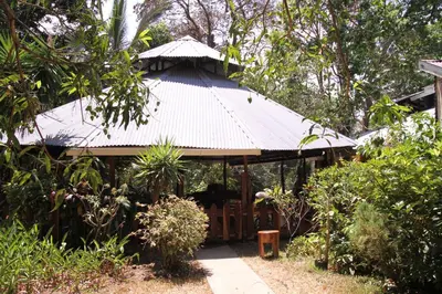 a building with a tin roof in a garden at Cabañas Cañas Castilla in La Cruz