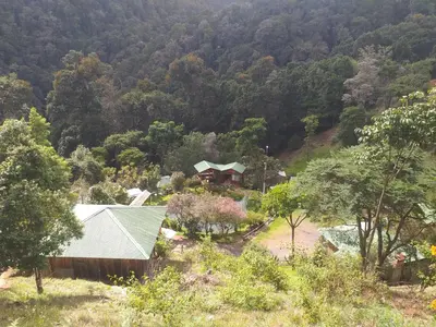 an aerial view of a house in a forest at Las Cataratas Lodge in San Gerardo de Dota