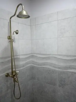 a shower with a shower head in a bathroom at Campos Arenal Hotel in Fortuna