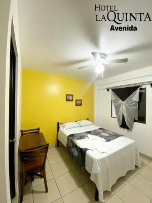 a hotel room with a bed and a desk in it at Hotel Quinta Avenida in San José