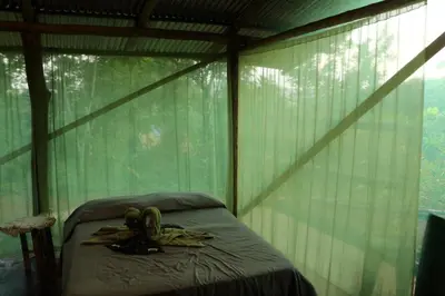 a room with a bunch of bananas on a bed at Isla Violin Eco-Lodge in Isla Violin
