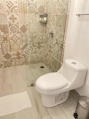 a bathroom with a toilet and a tiled wall at Hotel Arenal Vista Lodge in Fortuna