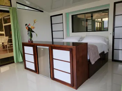 a bedroom with a bed and a large mirror at Hotel Laguna Arenal in Unión