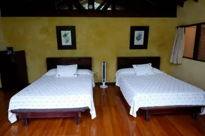 two beds in a room with wooden floors at Tenorio Lodge in Bijagua
