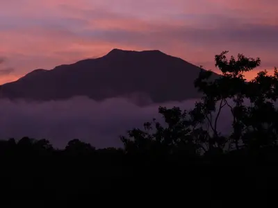 a silhouette of a mountain at sunset with a tree at Tenorio Lodge in Bijagua