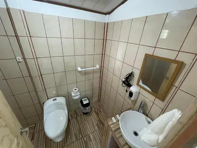 a bathroom with a toilet and a sink at Casa turtle Bogue in Tortuguero