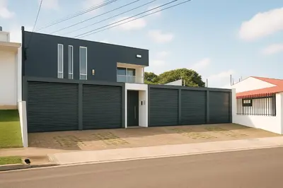 a house with black garage doors on a street at Costa Rica, San José, Pinares Luxe Apt Near Elite Clinics in San José