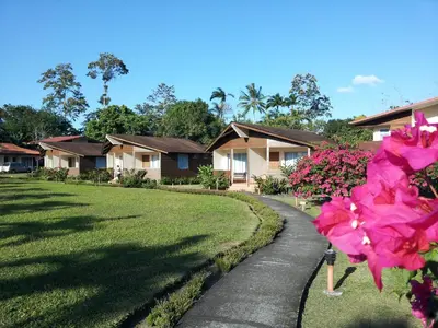 a walkway in front of houses with pink flowers at Hotel Eco Arenal in Fortuna