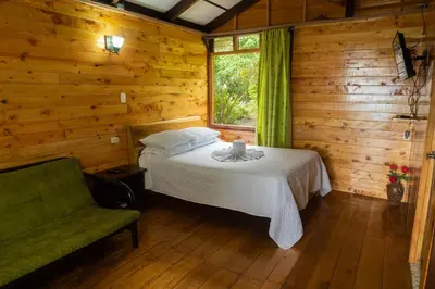 a bedroom with a bed and a green chair at Cabañas el Bosque in Turrialba