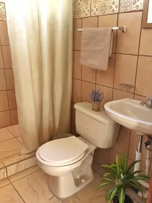 a bathroom with a toilet and a sink at Cabaña Vista Verde in Cartago
